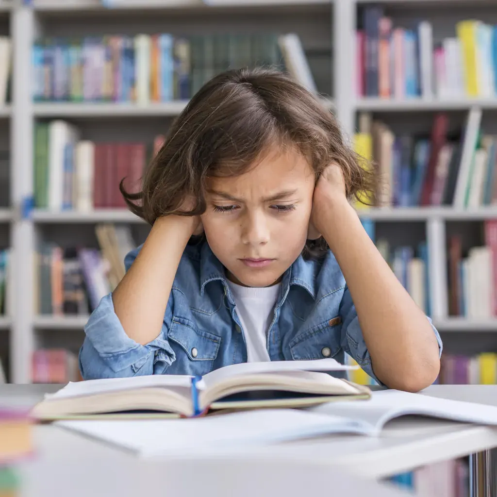 Kind stützt den Kopf in die Hände und blickt erschöpft auf ein aufgeschlagenes Buch
